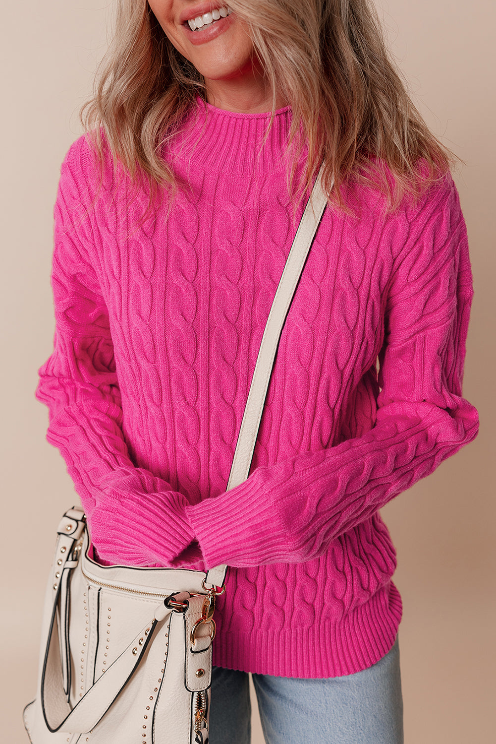 Rose Red Solid Cable Knit High Neck Drop Shoulder Sweater Sweaters JT's Designer Fashion