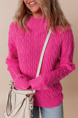 Rose Red Solid Cable Knit High Neck Drop Shoulder Sweater Sweaters JT's Designer Fashion
