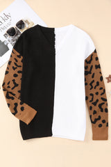Leopard Print Contrast Color V Neck Sweater Sweaters & Cardigans JT's Designer Fashion