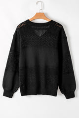 Black Eyelet Pattern Detail V Neck Drop Shoulder Sweater Sweaters JT's Designer Fashion