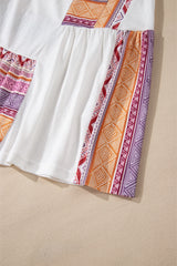 White Western Aztec Print Patchwork Ruffled Tunic Long Sleeve Babydoll Top Long Sleeve Tops JT's Designer Fashion