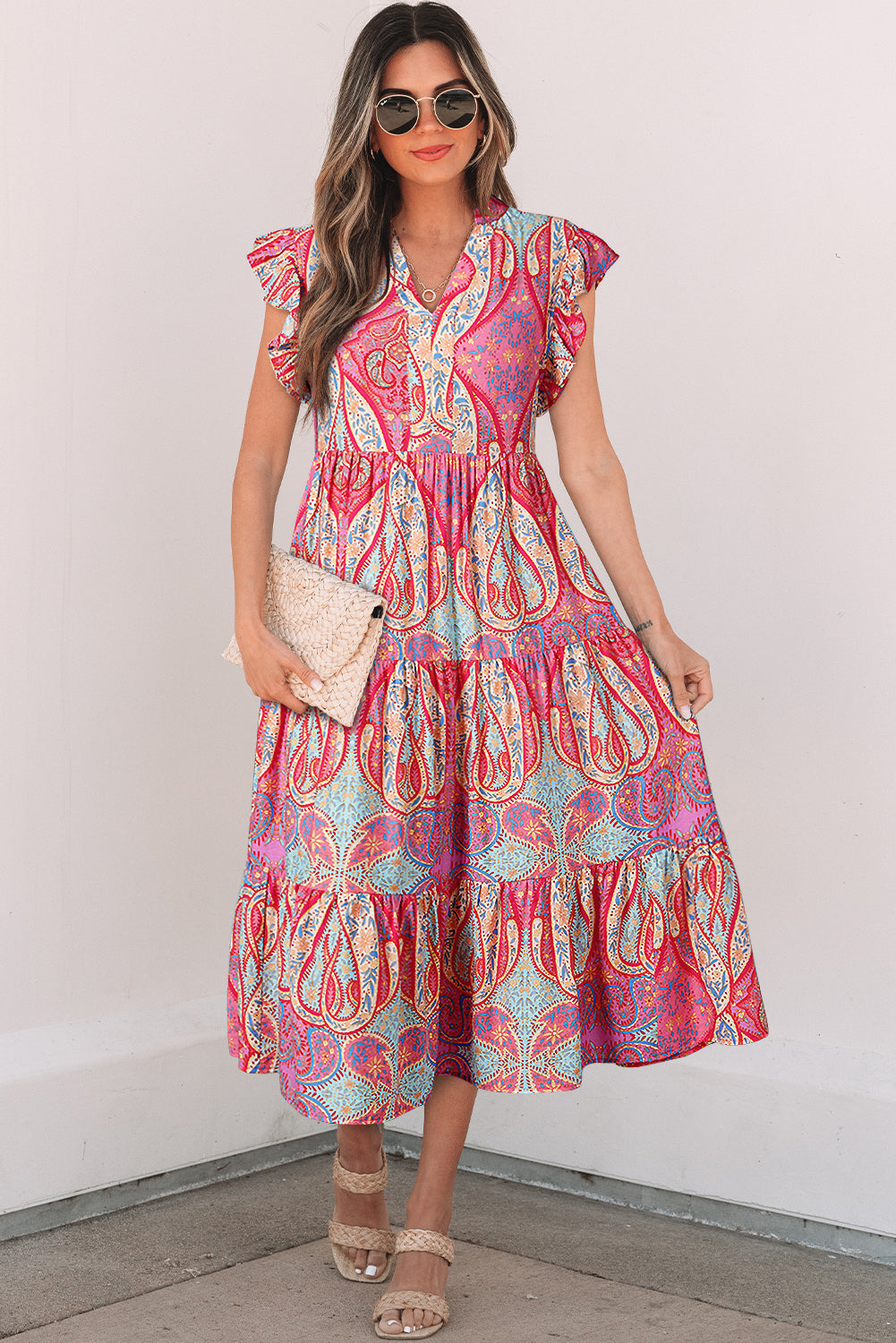 Rose Tribal Paisley Print Ruffled Sleeve Notch Neck Midi Dress Floral Dresses JT's Designer Fashion