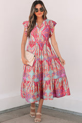 Rose Tribal Paisley Print Ruffled Sleeve Notch Neck Midi Dress Floral Dresses JT's Designer Fashion