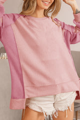 Apricot Pink Color Block Waffle High Low Raglan Sleeve Sweatshirt Sweatshirts & Hoodies JT's Designer Fashion