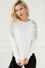 White Solid Scoop Neck Hollow Out Sweater Sweaters & Cardigans JT's Designer Fashion