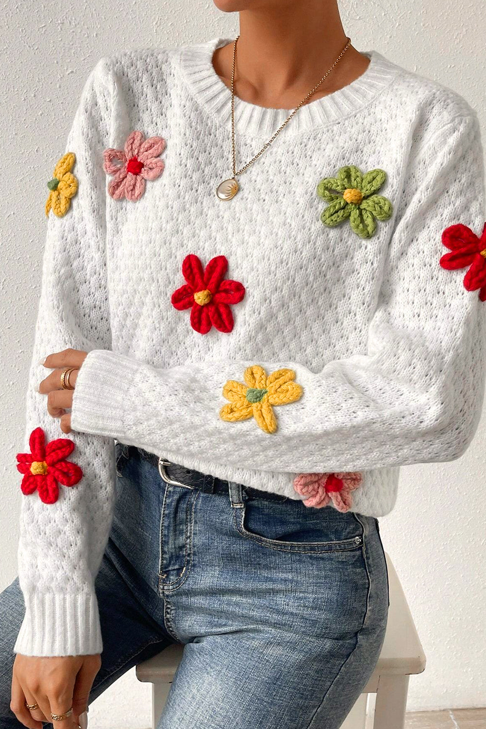 White Colorful Flower Applique Textured Knit Sweater White 42%Acrylic+30%Polyester+28%Polyamide Sweaters JT's Designer Fashion