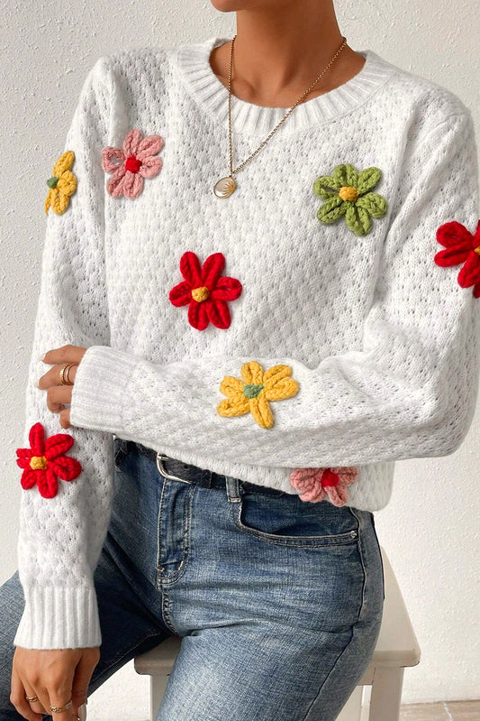 White Colorful Flower Applique Textured Knit Sweater White 42%Acrylic+30%Polyester+28%Polyamide Sweaters JT's Designer Fashion