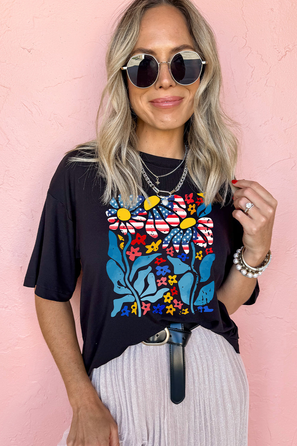 Black USA Flag Flower Graphic Drop Shoulder T Shirt Graphic Tees JT's Designer Fashion