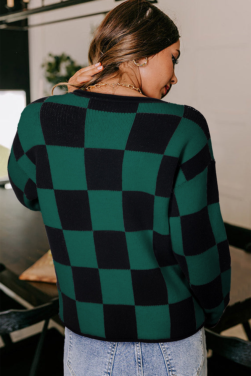 Green Checked Notched Neckline Drop Shoulder Knit Sweater Sweaters JT's Designer Fashion