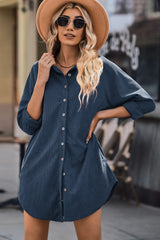 Blue Corduroy Shirt Style Full Button Long Sleeve Shift Mini Dress Mini Dresses JT's Designer Fashion