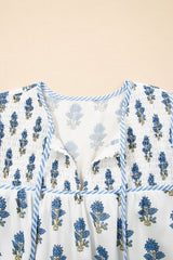 Sky Blue Floral Puff Sleeve Tied Neck Pocketed Mini Dress Floral Dresses JT's Designer Fashion