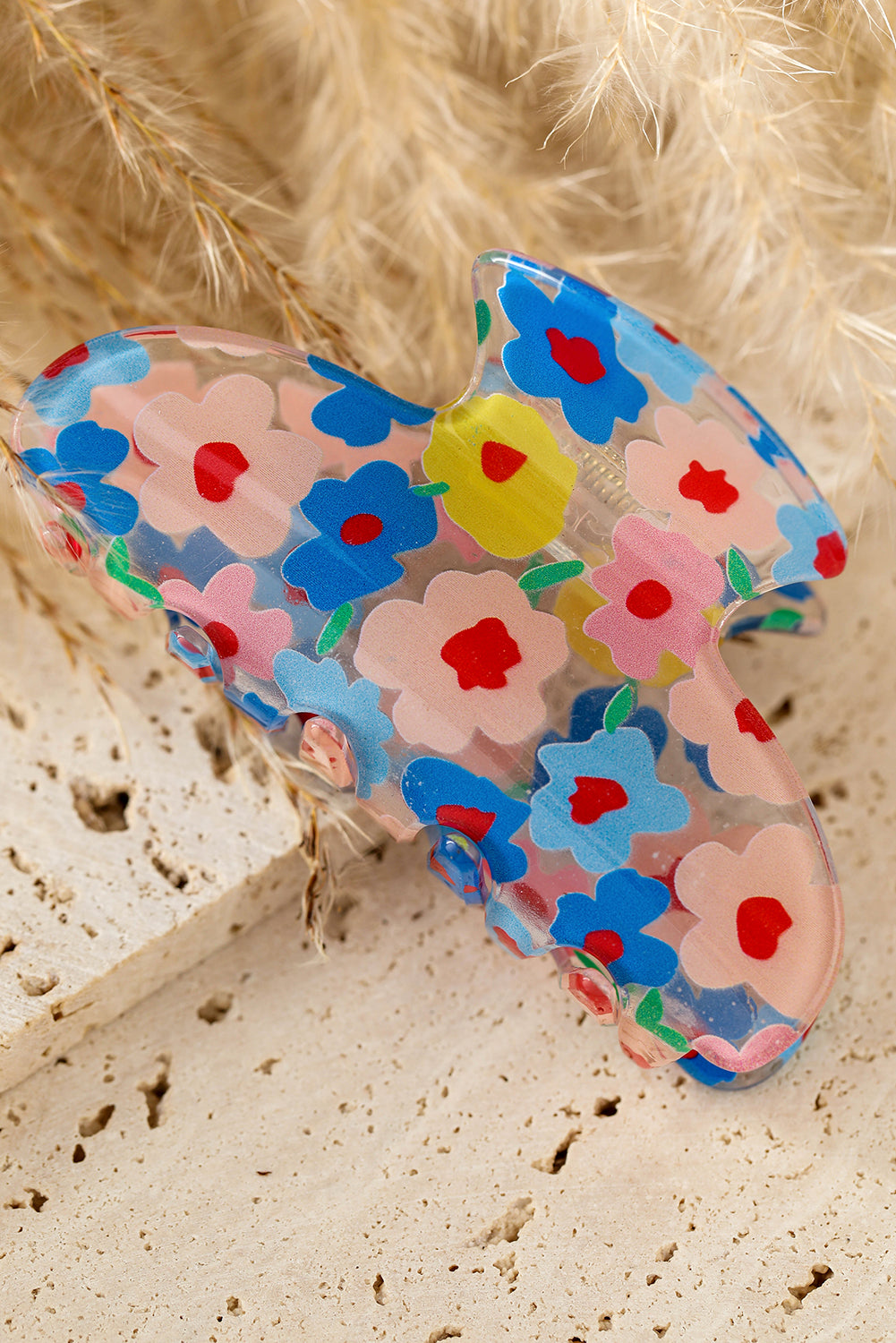 Light Blue Vibrant Flower Print Transparent PVC Hair Clip Headwear JT's Designer Fashion