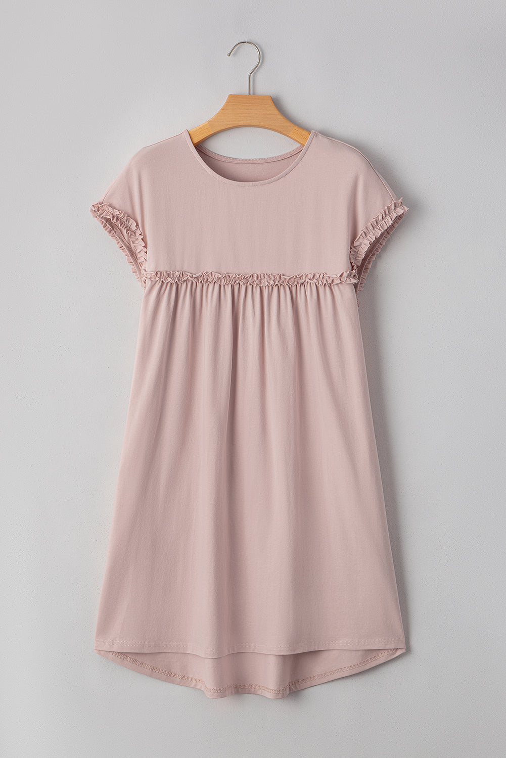 Oatmeal Frilled Trim Crew Neck Loose Fit Mini Dress Mini Dresses JT's Designer Fashion