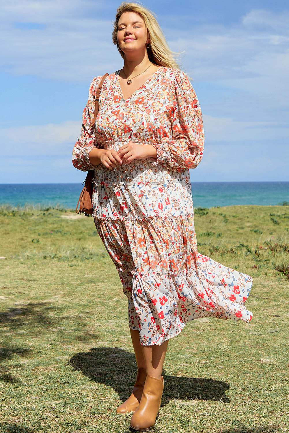 Khaki Plus Size Floral Tiered Ruffle Maxi Dress Plus Size Maxi Dresses JT's Designer Fashion