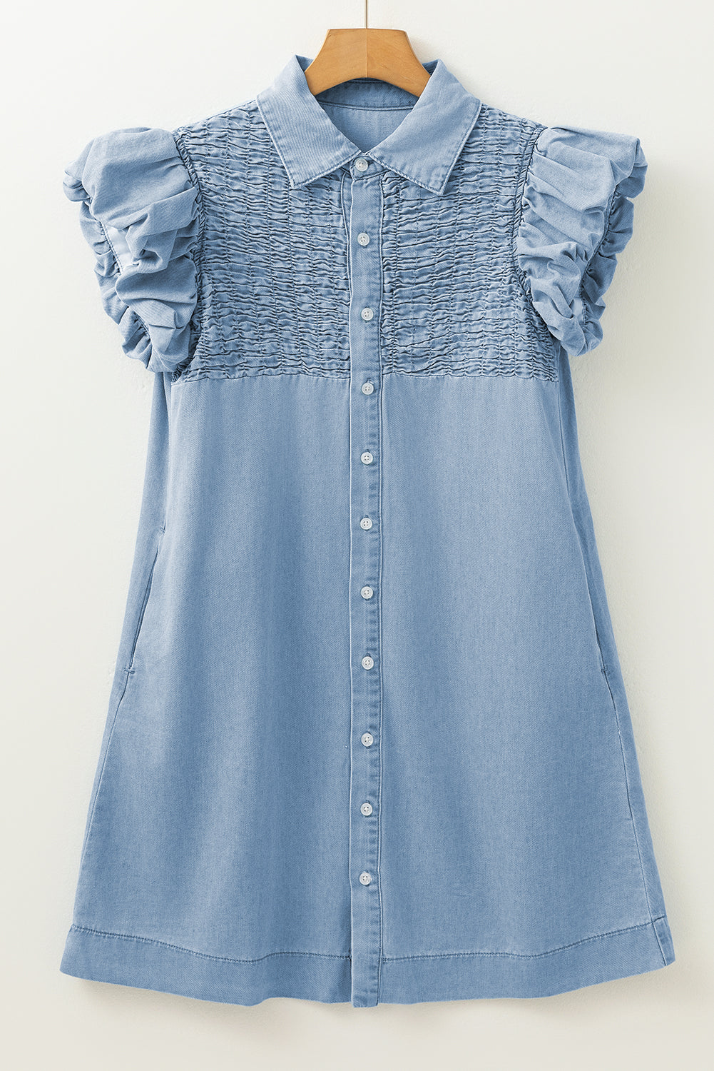 Beau Blue Flutter Sleeve Shirred Detail Button Up Denim Mini Dress Mini Dresses JT's Designer Fashion