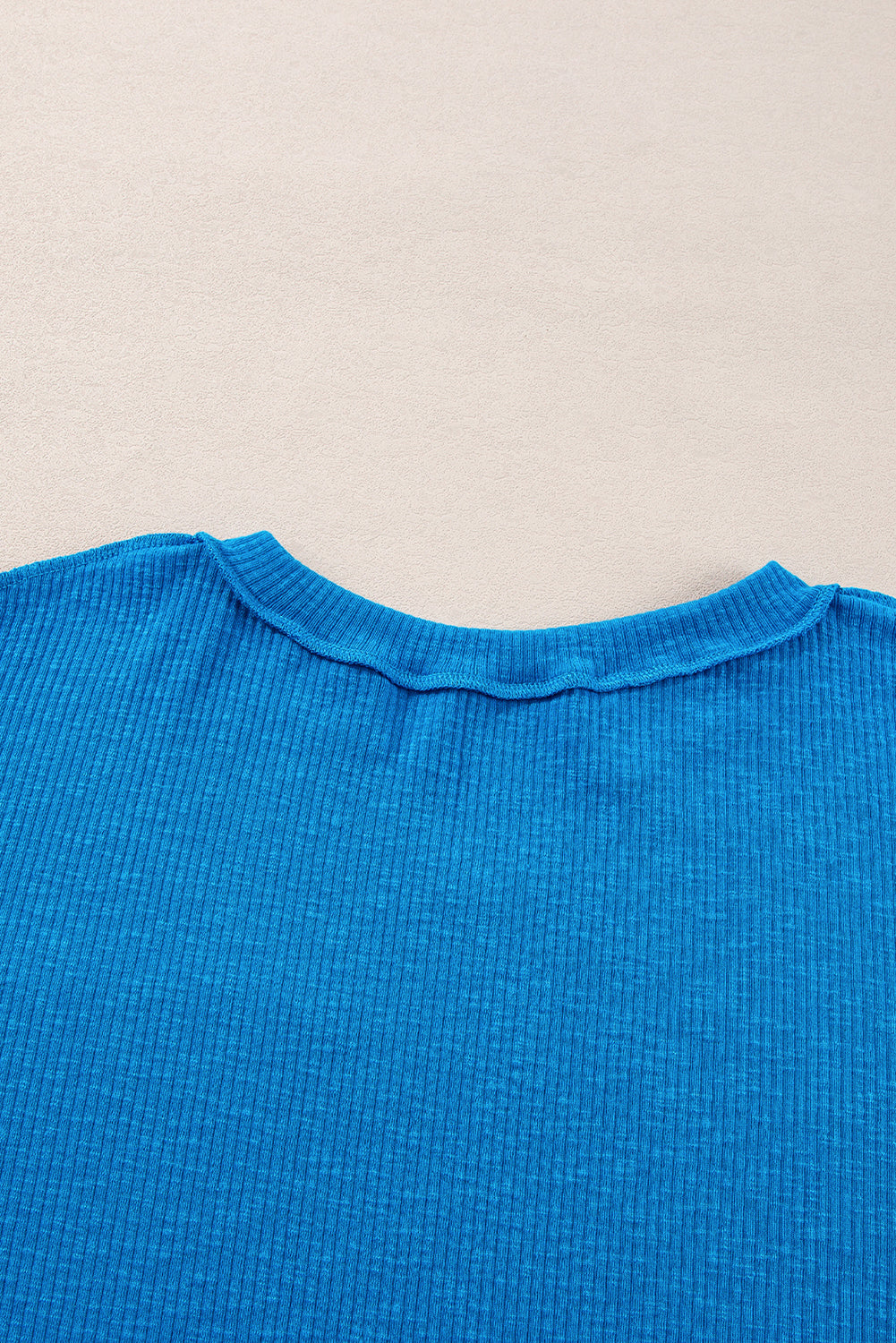 Blue Ribbed Exposed Seam Knit V Neck Long Sleeve Top Long Sleeve Tops JT's Designer Fashion