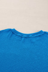 Blue Ribbed Exposed Seam Knit V Neck Long Sleeve Top Long Sleeve Tops JT's Designer Fashion