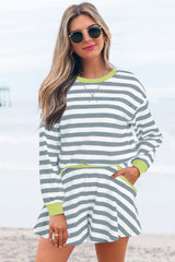Gray Stripe Contrast Ribbed Banding Long Sleeve Blouse Loose Shorts Set Gray Stripe 95%Cotton+5%Elastane Short Sets JT's Designer Fashion
