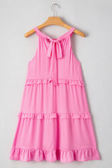 Pink Smocked Neck Knot Back Frilly Tiered Sleeveless Mini Dress Mini Dresses JT's Designer Fashion