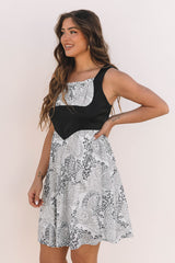 Black Sleeveless Leather Bustier Patchwork Paisley Floral Chiffon Dress Mini Dresses JT's Designer Fashion
