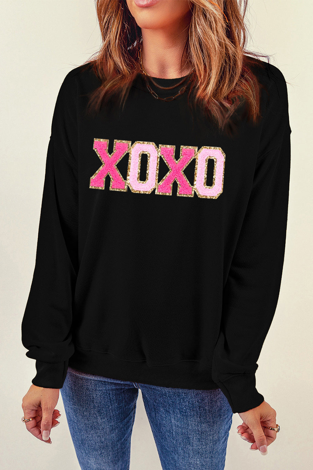 Black Chenille XOXO Patched Drop Shoulder Valentines Pullover Sweatshirt Graphic Sweatshirts JT's Designer Fashion