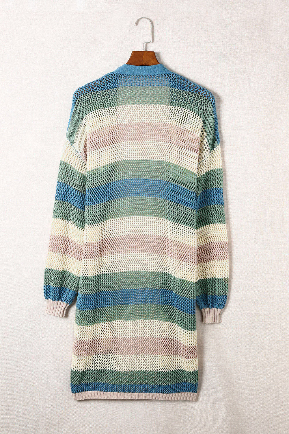 Green Striped Color Block Hollowed Knit Cardigan Sweaters & Cardigans JT's Designer Fashion