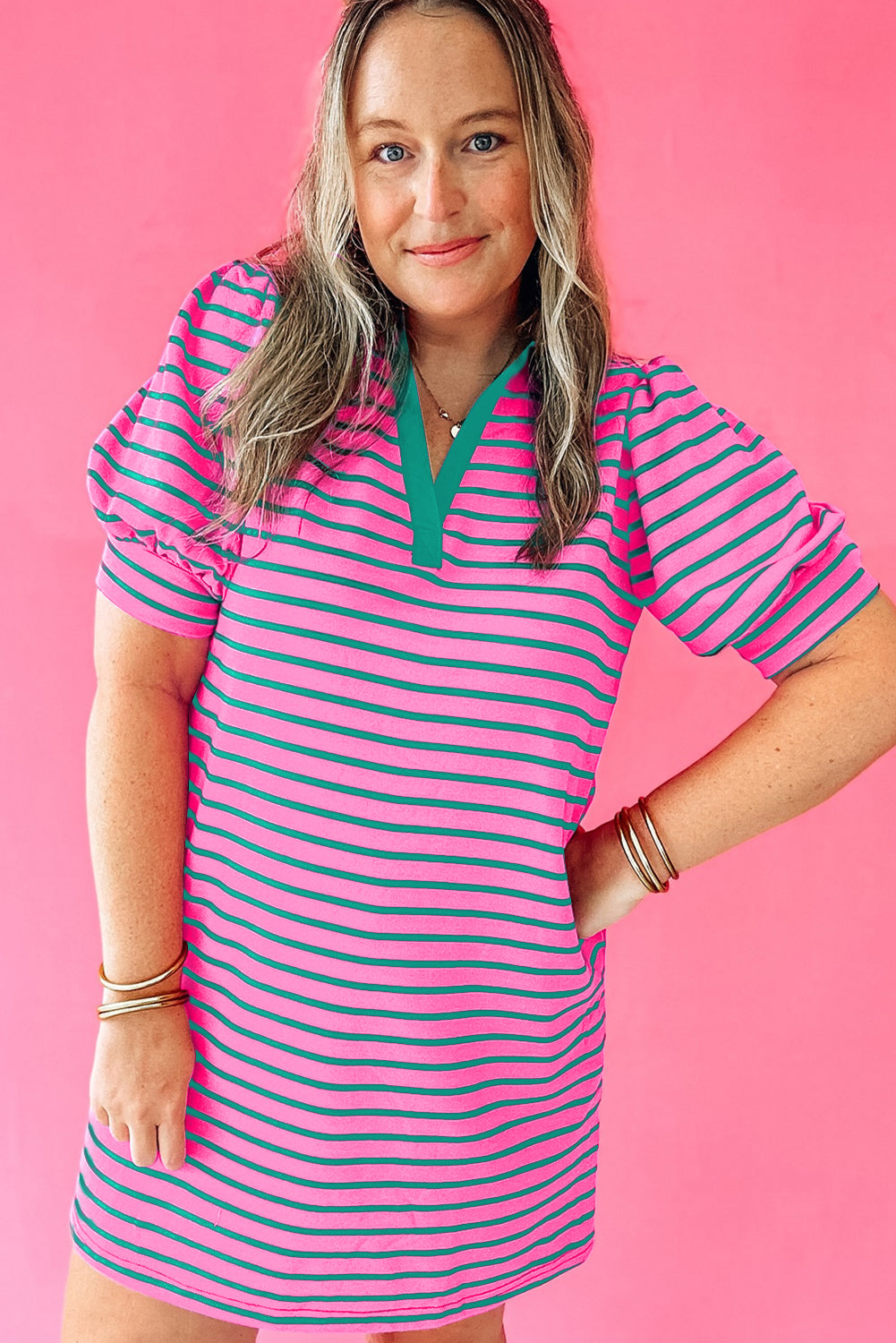 Rose Stripe Collared V Neck Puff Sleeve Shift T Shirt Dress with Pockets Plus Size Mini Dresses JT's Designer Fashion