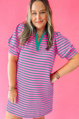 Rose Stripe Collared V Neck Puff Sleeve Shift T Shirt Dress with Pockets Plus Size Mini Dresses JT's Designer Fashion