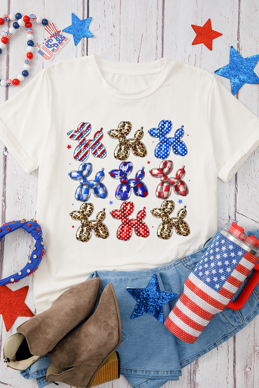 White American Flag Balloon Dog Print Crew Neck T Shirt Graphic Tees JT's Designer Fashion