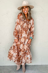 Brown Floral Print Shirred Square Neck High Waist Long Dress Maxi Dresses JT's Designer Fashion
