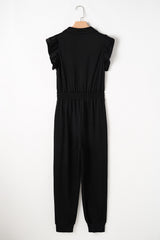 Black Zipper Flutter Sleeve Drawstring High Waist Jumpsuit Jumpsuits & Rompers JT's Designer Fashion