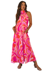 Rose Abstract Printed High Neck Knotted Nape Sleeveless Long Dress Maxi Dresses JT's Designer Fashion