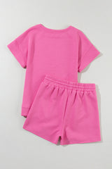 Strawberry Pink 2pcs Solid Textured Drawstring Shorts Set Short Sets JT's Designer Fashion