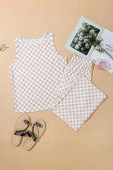 White Ribbed Texture Checkered Print 2pcs Tank and Pants Set Pant Sets JT's Designer Fashion