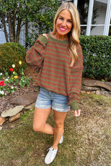 Brown Stripe Trimmed Round Neck Drop Shoulder Loose Sweater Sweaters JT's Designer Fashion