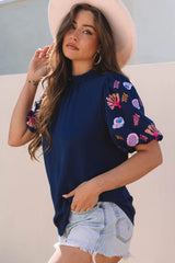 Sail Blue Shellfish Coral Embroidery Puff Sleeve Frilled Neck Blouse Blouses & Shirts JT's Designer Fashion