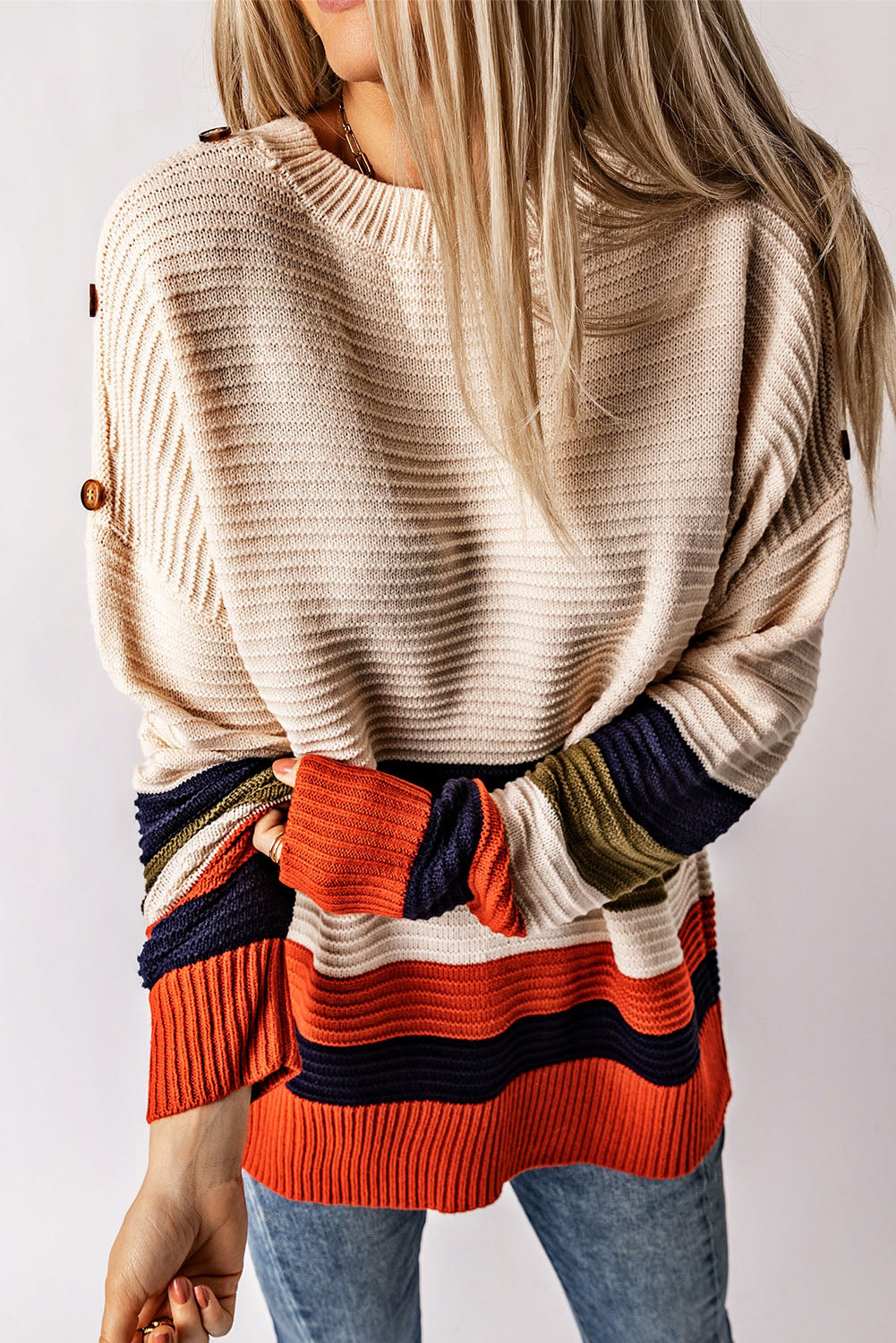 White Buttoned Shoulder Drop Shoulder Striped Sweater Sweaters & Cardigans JT's Designer Fashion
