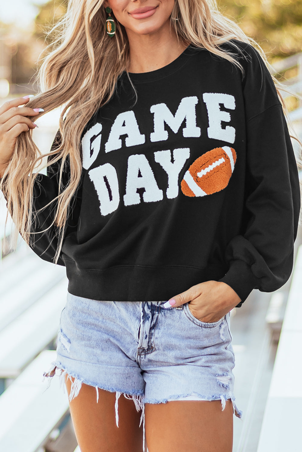 Black GAME DAY Graphic Varsity Pullover Sweatshirt Sweatshirts & Hoodies JT's Designer Fashion