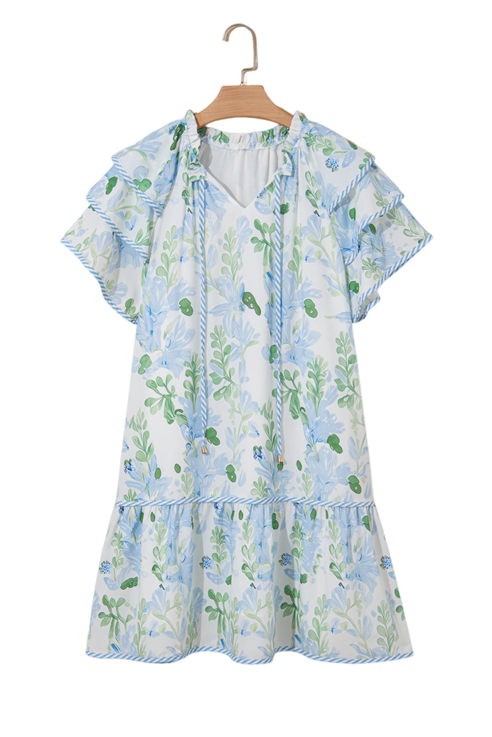 Sky Blue Floral Contrast Edge Layered Short Sleeve Mini Dress Floral Dresses JT's Designer Fashion