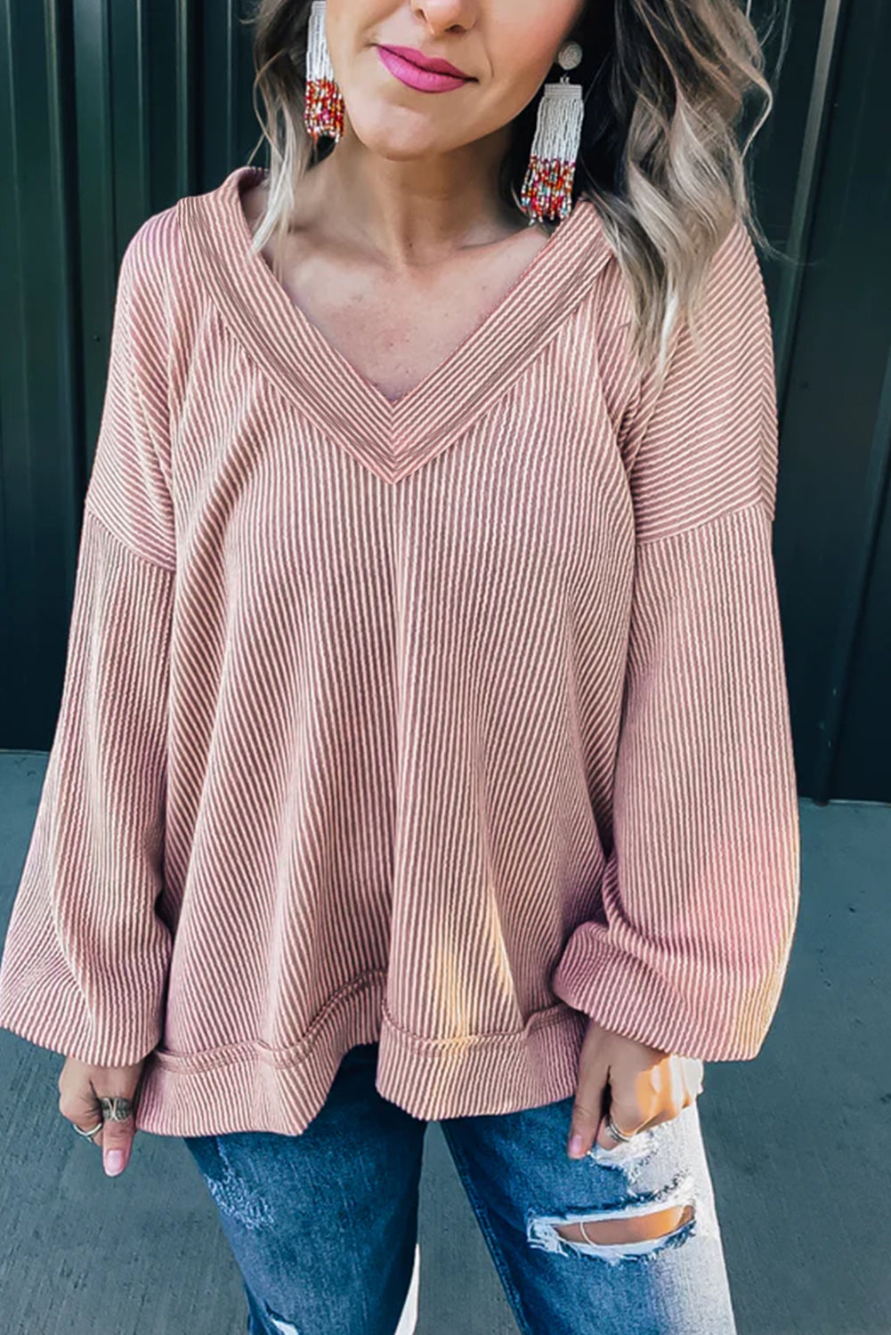 Peach Blossom Loose V Neck Bubble Sleeve Knit Ribbed Top Long Sleeve Tops JT's Designer Fashion