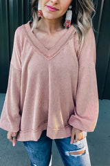 Peach Blossom Loose V Neck Bubble Sleeve Knit Ribbed Top Long Sleeve Tops JT's Designer Fashion