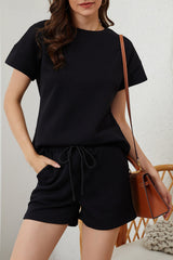 Black 2pcs Solid Textured Drawstring Shorts Set Short Sets JT's Designer Fashion