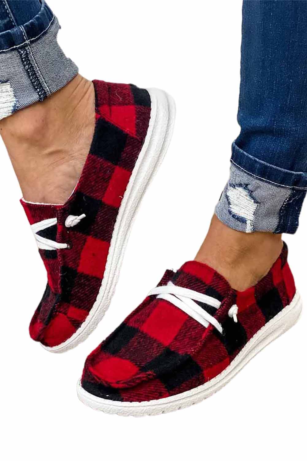 Fiery Red Vintage Plaid Lace Up Flat Shoes Women's Shoes JT's Designer Fashion