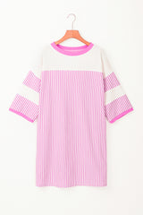 Phalaenopsis Striped Patchwork Three Quarters Sleeve Loose Mini Dress Mini Dresses JT's Designer Fashion