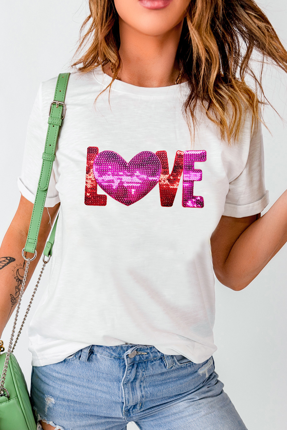 White Heart LOVE Patched Pattern Crewneck Valentines T Shirt Graphic Tees JT's Designer Fashion