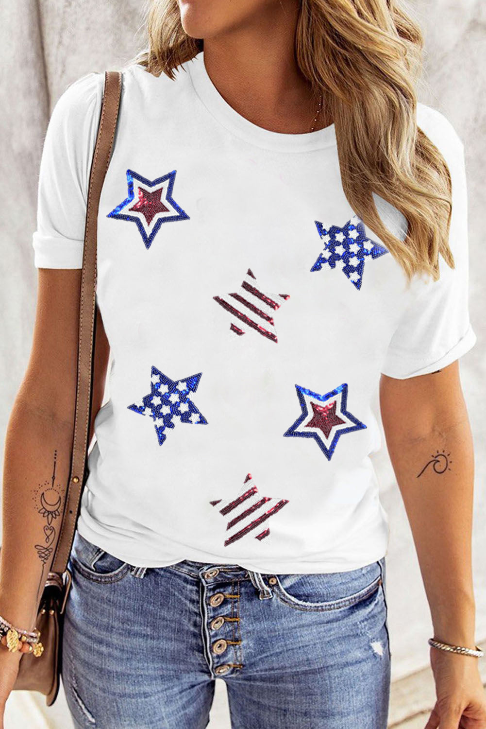 White USA Sequin Stars Patched Casual T Shirt Graphic Tees JT's Designer Fashion