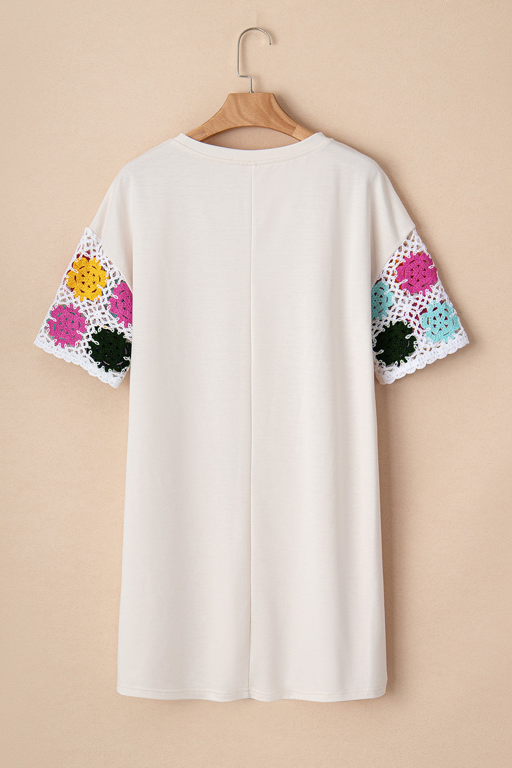 White Floral Crochet Splicing Sleeve T Shirt Dress T Shirt Dresses JT's Designer Fashion