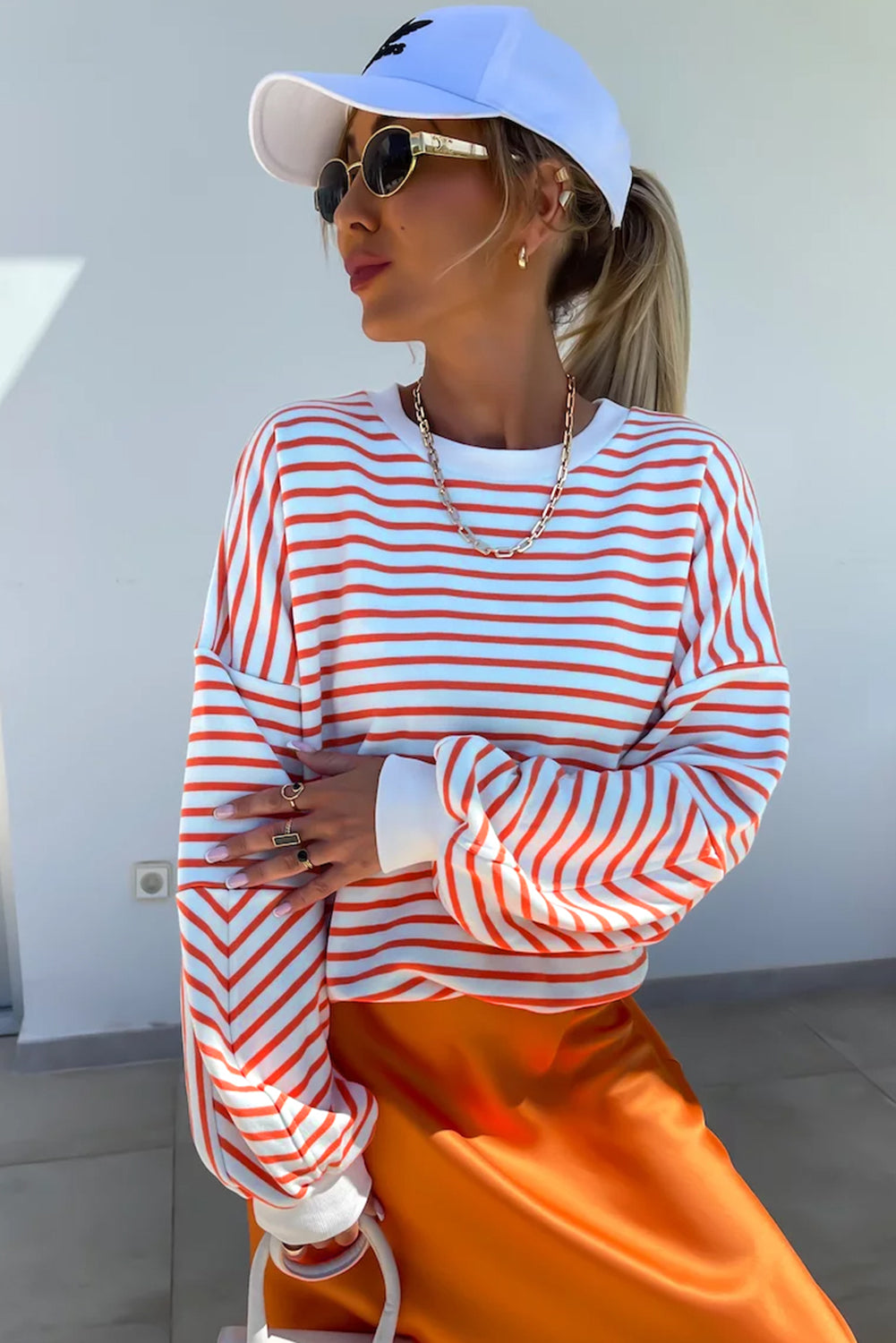Orange Stripe Drop Shoulder Crew Neck Loose Sweatshirt Sweatshirts & Hoodies JT's Designer Fashion