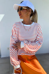 Orange Stripe Drop Shoulder Crew Neck Loose Sweatshirt Sweatshirts & Hoodies JT's Designer Fashion