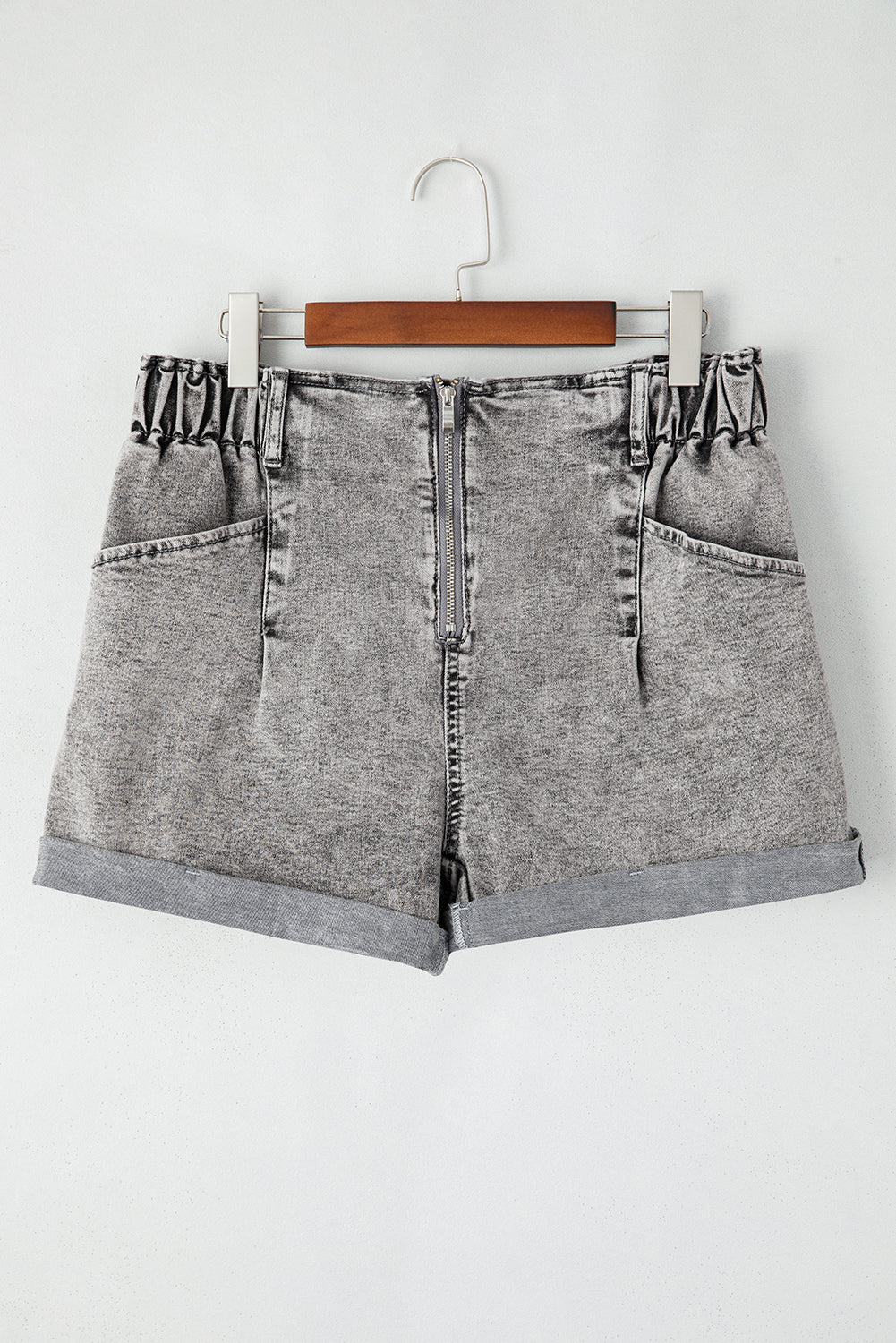 Gray Zipped Light Wash Cuffed Edge Denim Shorts Denim Shorts JT's Designer Fashion